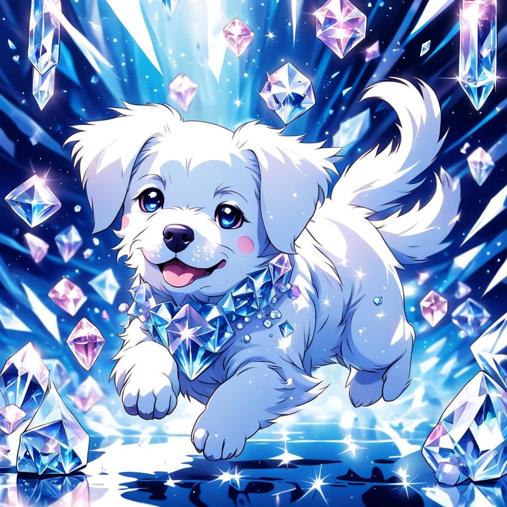 A white puppy prancing around with crystals
