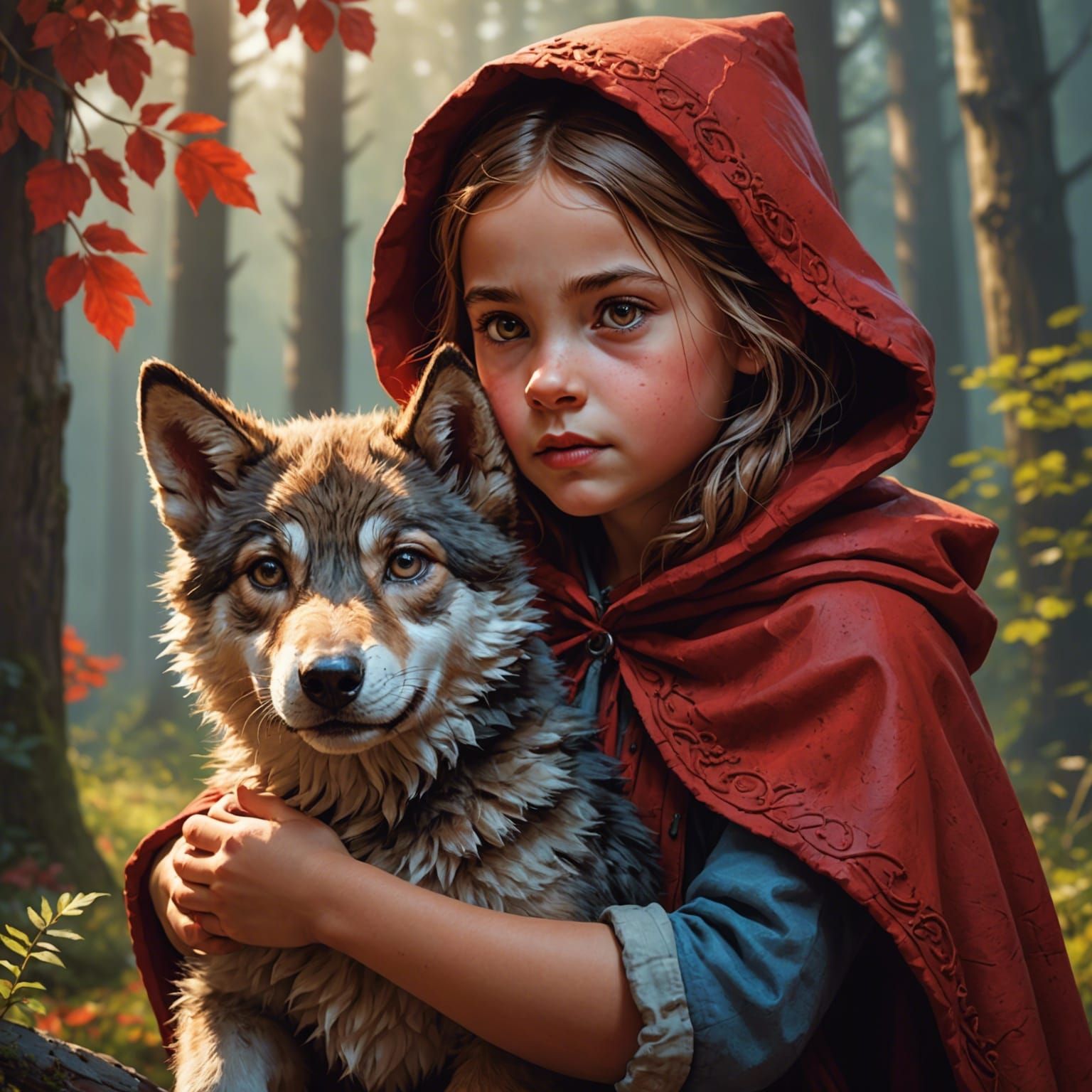 Girl Little kid in red clothes and her wolf in forest