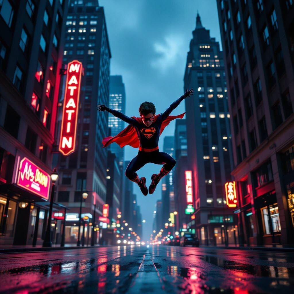 A young superhero, Spandex-kid, leaps between towering, art deco skyscrapers under a moody, twilight sky. Neon signs cast long, distorted sh... - Start Image 2