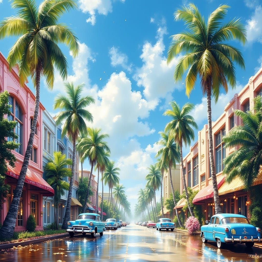 Vibrant Cityscape with Palm Trees and Vintage Cars