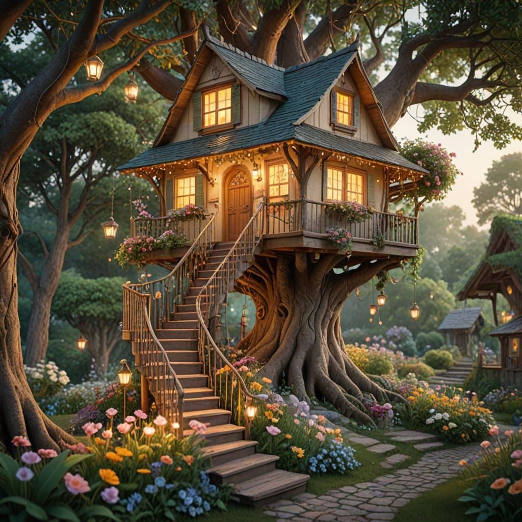 Tree house above a calming backdrop garden   by @undefined