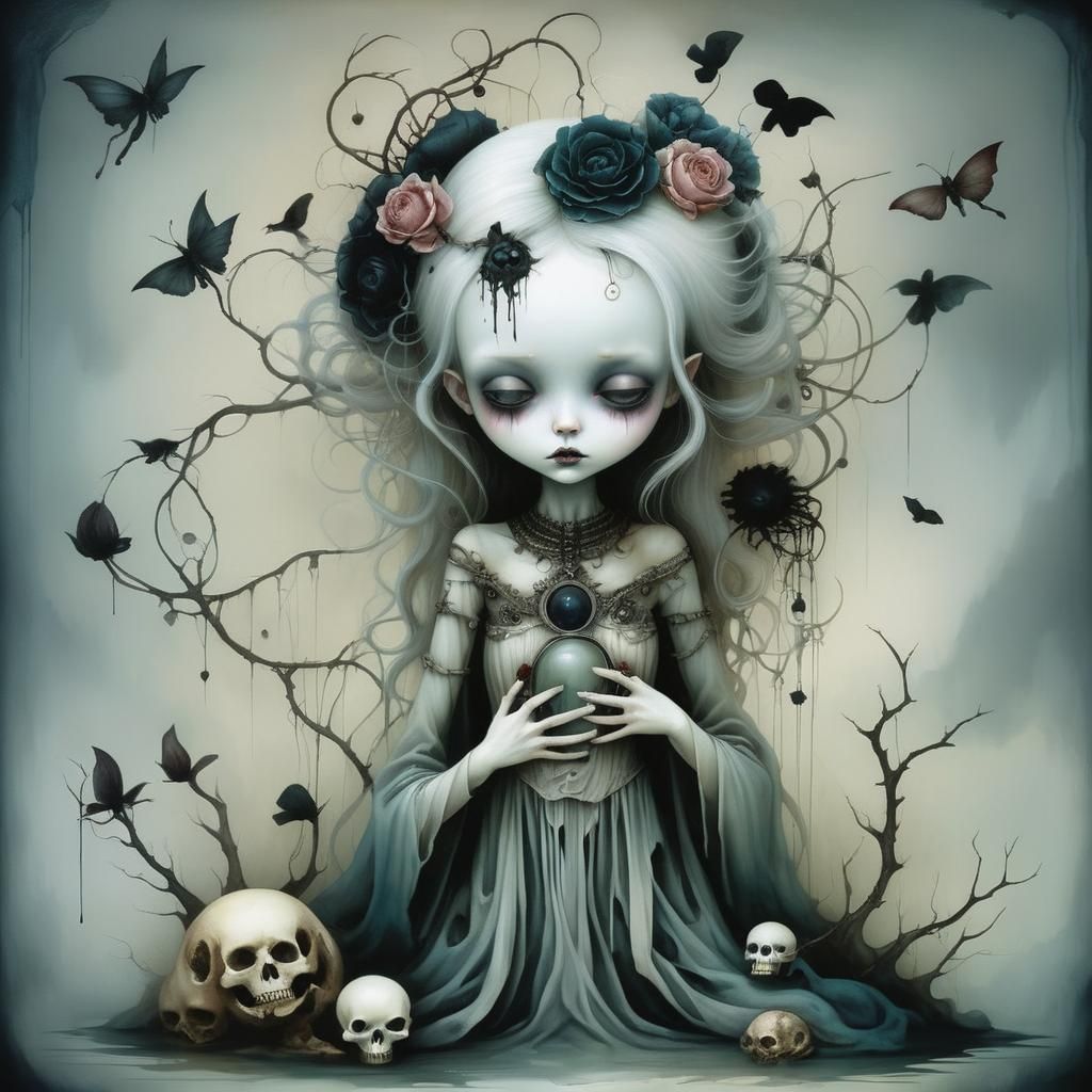 Macabre Goddess on Twisted Throne in Dark Fantasy Style