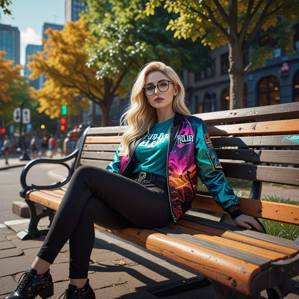 Blonde in Neon City: Detailed Matte Painting