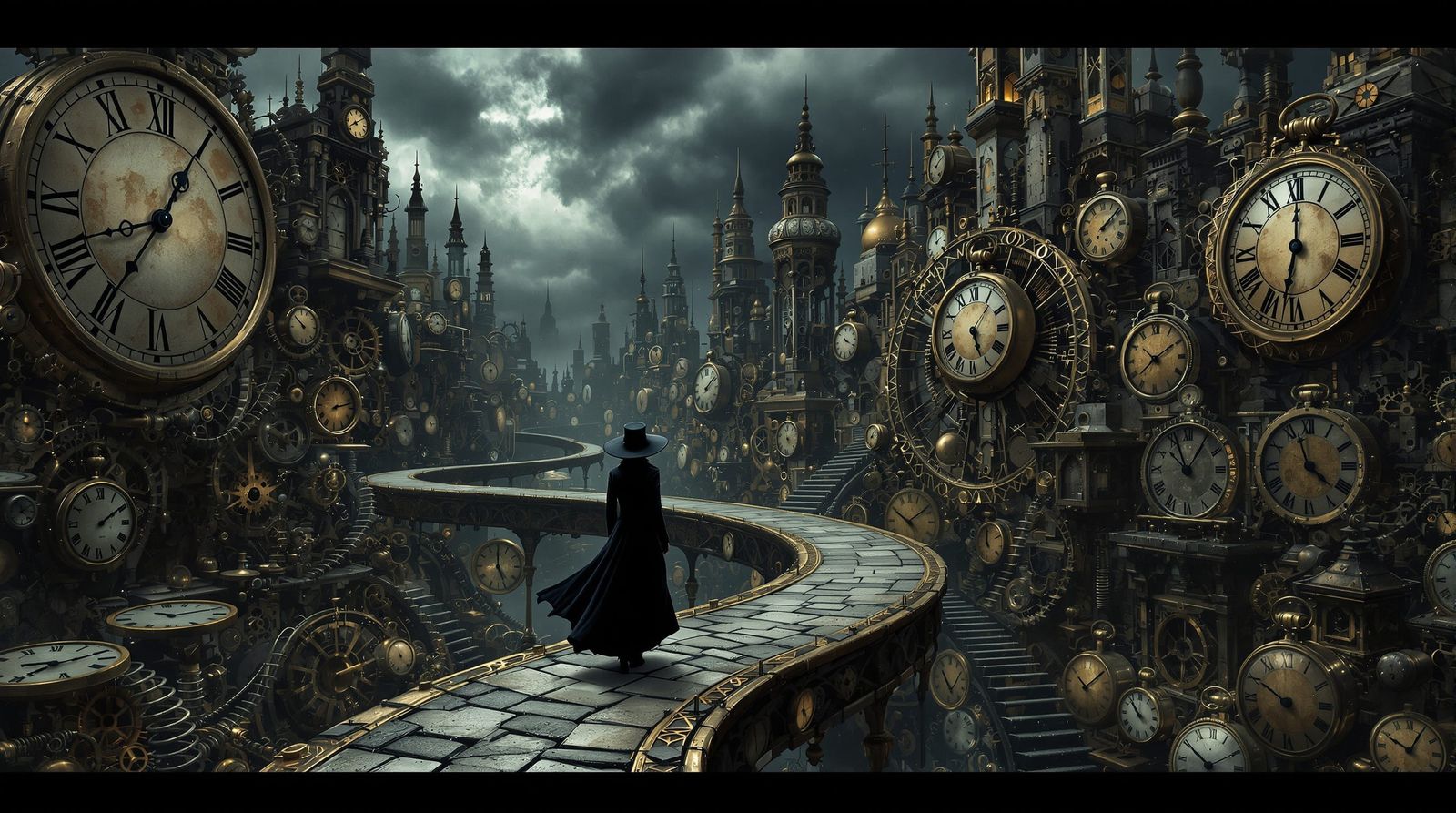 A surreal cityscape constructed entirely from antique clocks and pocket watches, with gears and springs ...  by @Zoli