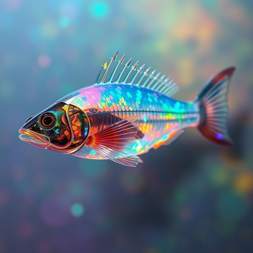 macro detail stickleback fish made of crystal opal with internal organs visible made of black opal  by @RestfulPencil