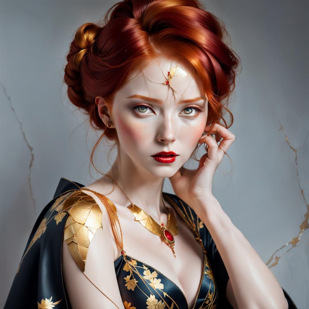 Portrait red haired seamstress with light cracked kintsugi p...