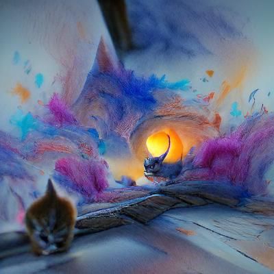 Kitten, pastel, watercolour, night