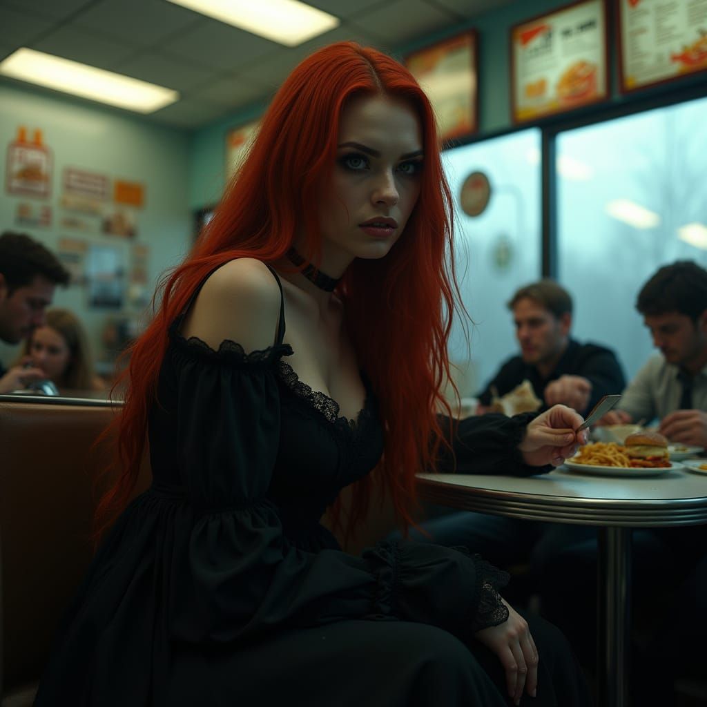 Mysterious Woman Sits in Fast Food Restaurant, Kni... - AI Art