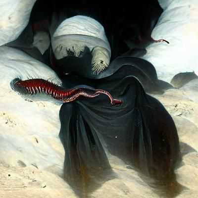 Desert worms, black with red eyes, sand
