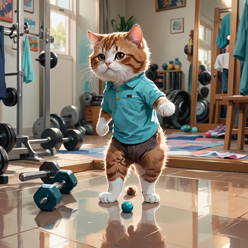 Anime Cat Lifting Weights in a Mirror