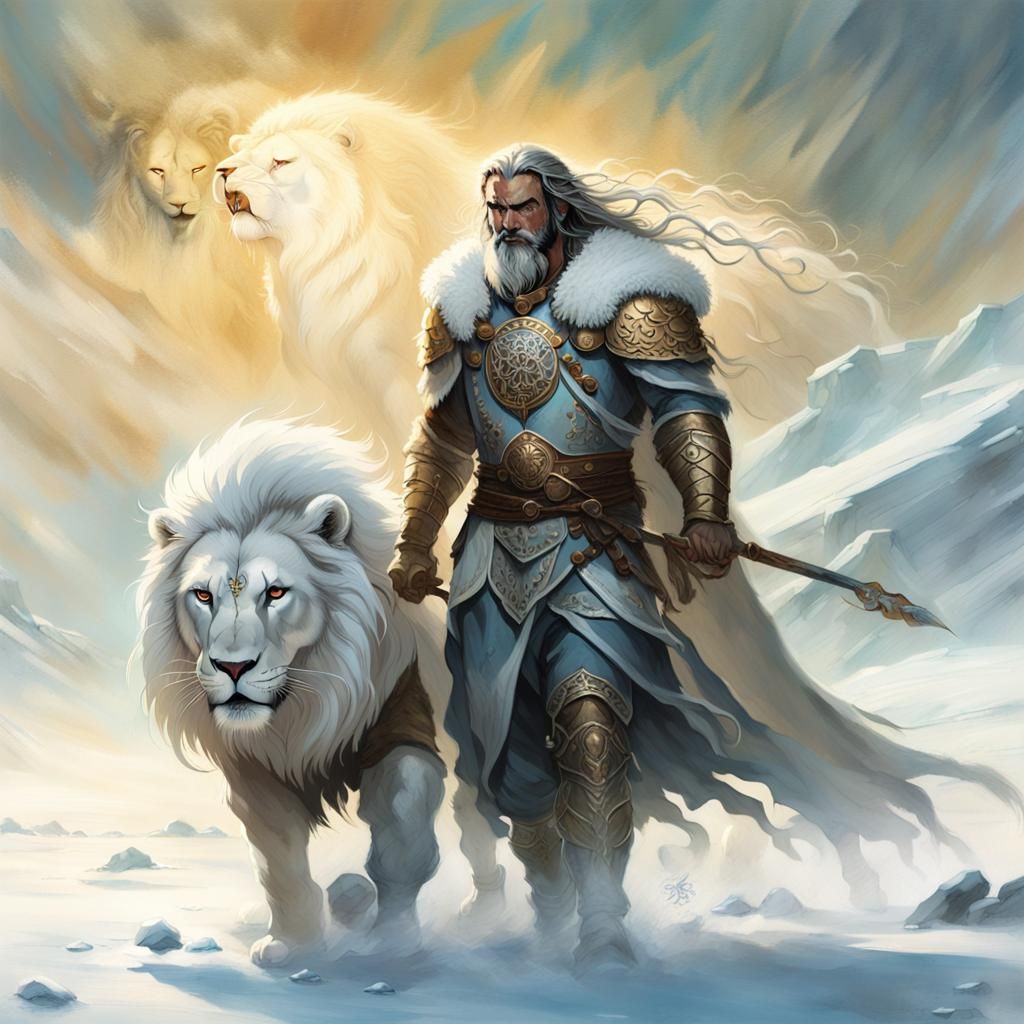 “A majestic warrior with long gray braids and beard walks across the snowy desert, followed by a huge white lion. The warrior is dressed in...