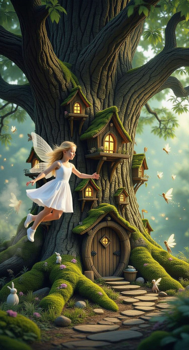 Masterpiece, realistic photo of a fantasy world, close up of a large tree trunk, small Fairy houses are build into it, Fairy's fly around le...