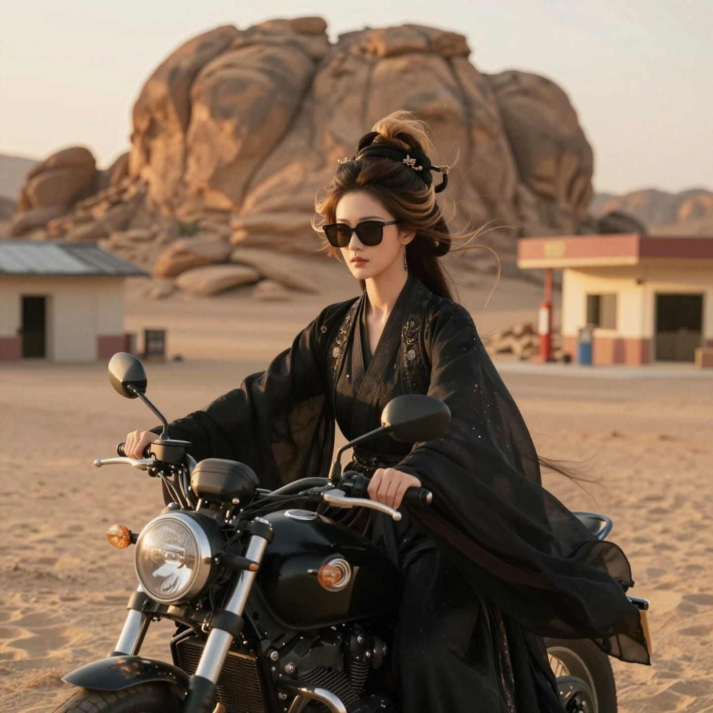 portrait Gorgous chinese godess big hair with soft brown and gold highlights wearing soft black opulant hanfu wearing su...