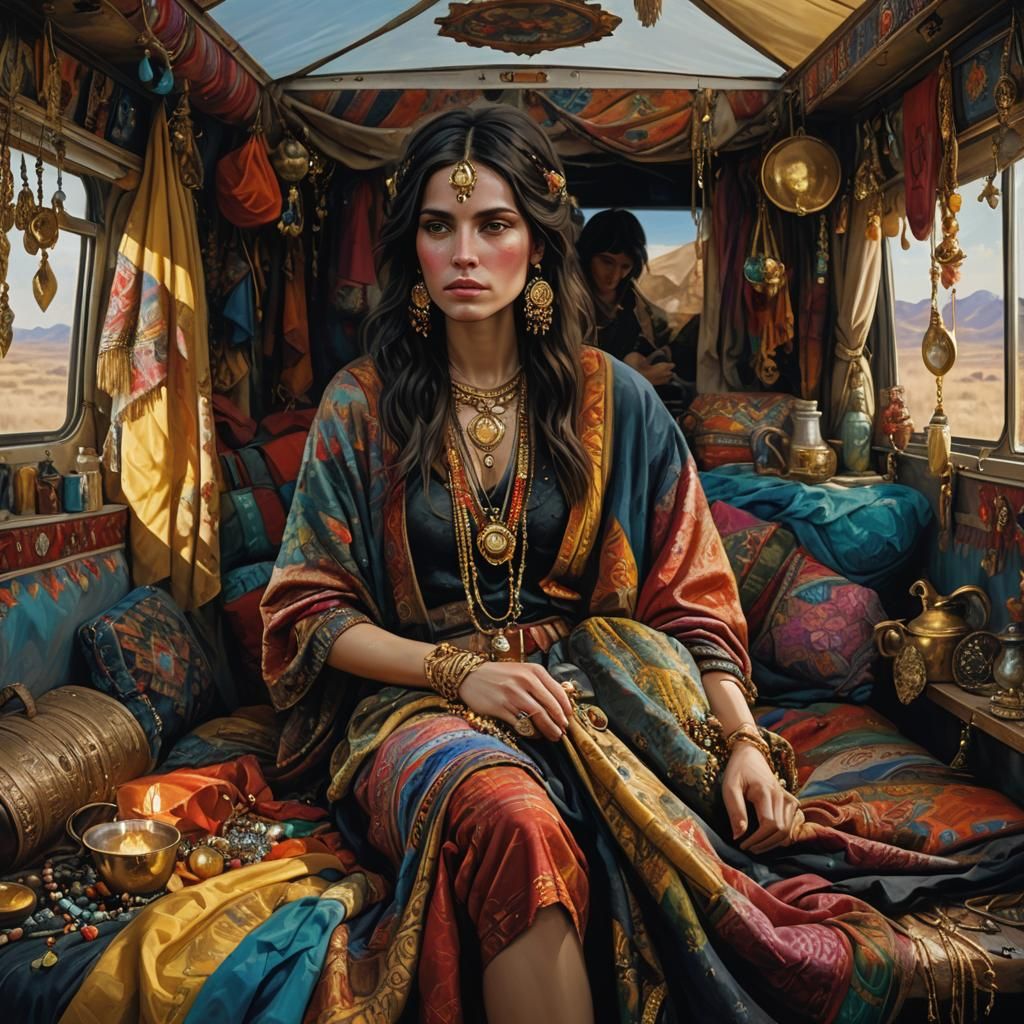 Modern bohemian caravan with dark-haired woman