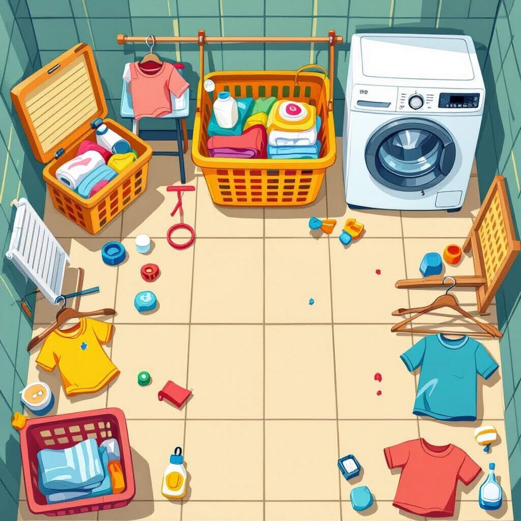 A colorful, kid-friendly illustration of a laundry area in a...