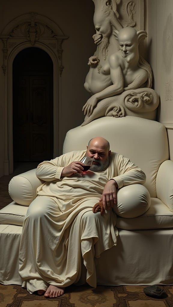 Ivory Renaissance: caravaggesque chiaroscuro, Zdzisław Beksiński Style, Dystopian Surreal, Fat Peasant drinking Wine on white sofa, ultra co...