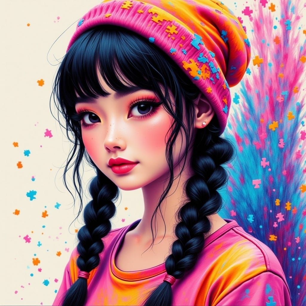 Cyberpunk Watercolour Portrait of a Young Woman in Pastel Go...