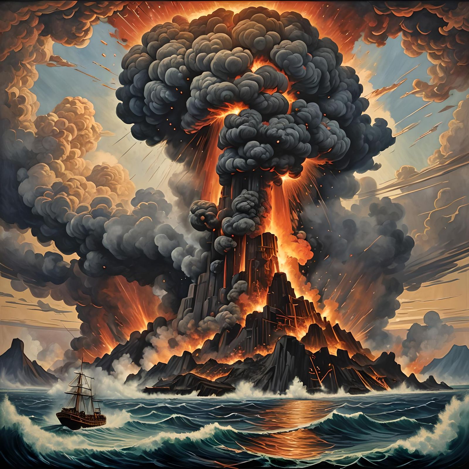 The 1883 Krakatoa eruption painted in the Art Nouveau style.  by @Spirit_Bear