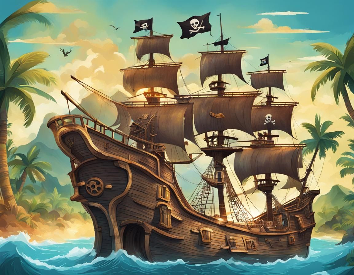 A Pirate's Ship Sailing in Some Choppy Waters