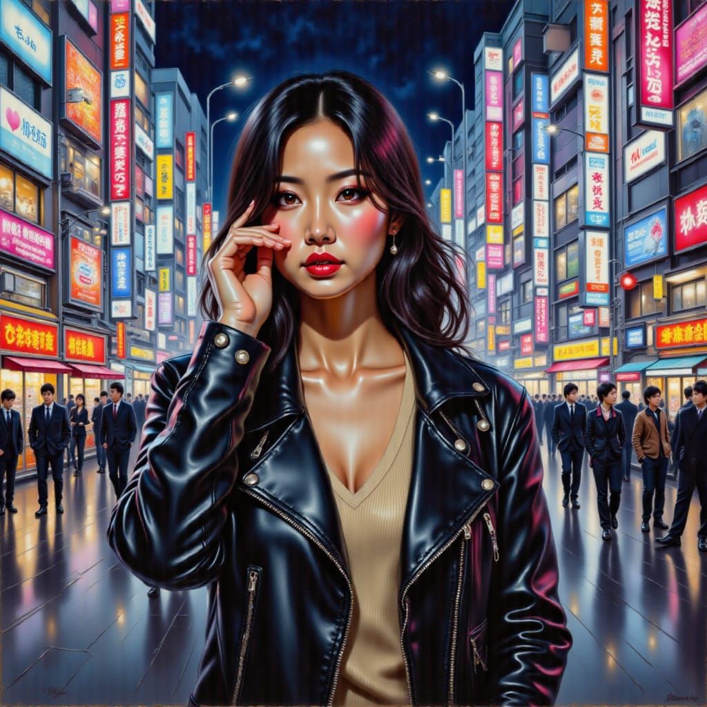 <lora:Asian Women 1-01:1.0> Oil painting of a pretty Asian woman in modern street fashion, neon-lit Tokyo Shibuya Crossing at night.
