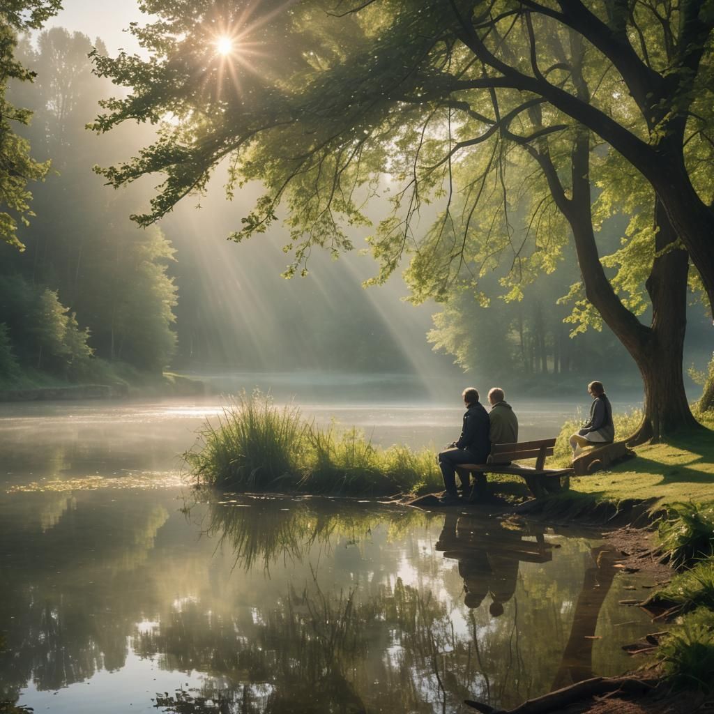 A light mist hangs over the lake