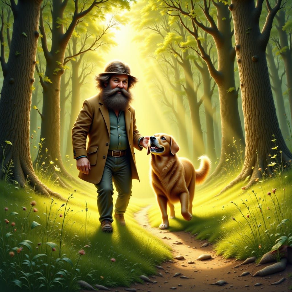 Epic coloured <lora:Fun-toon:1.0> a highly detailied caricature man going with a  dog in a forest, green grass