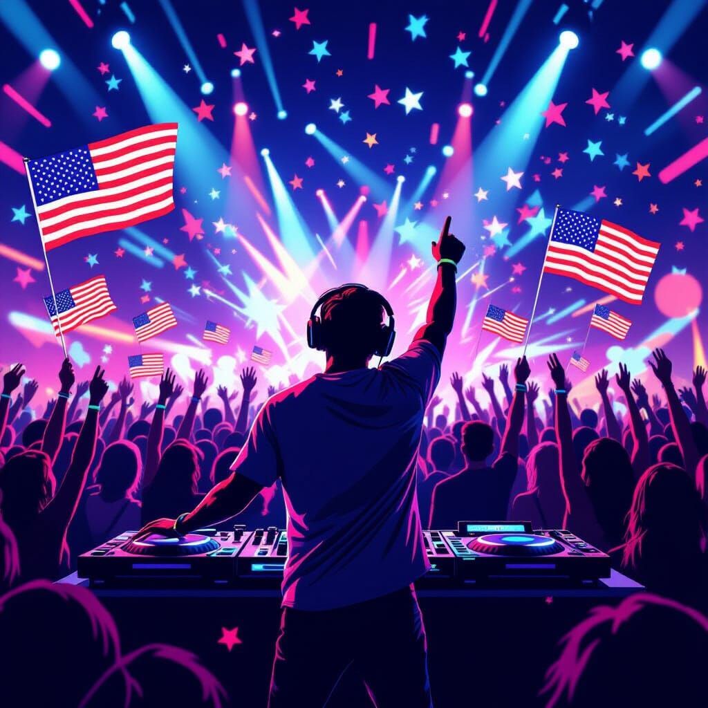 Energetic DJ Crowd Scene with American Flags in Pop Art Styl...