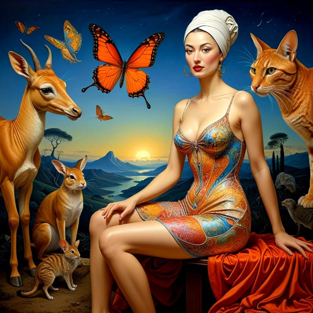 Vibrant Surrealist Portrait of a Happy Lady in Whimsical Sur...