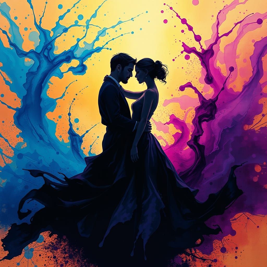 ink splashes draw the silhouette of a dancing couple  by @Barabashka
