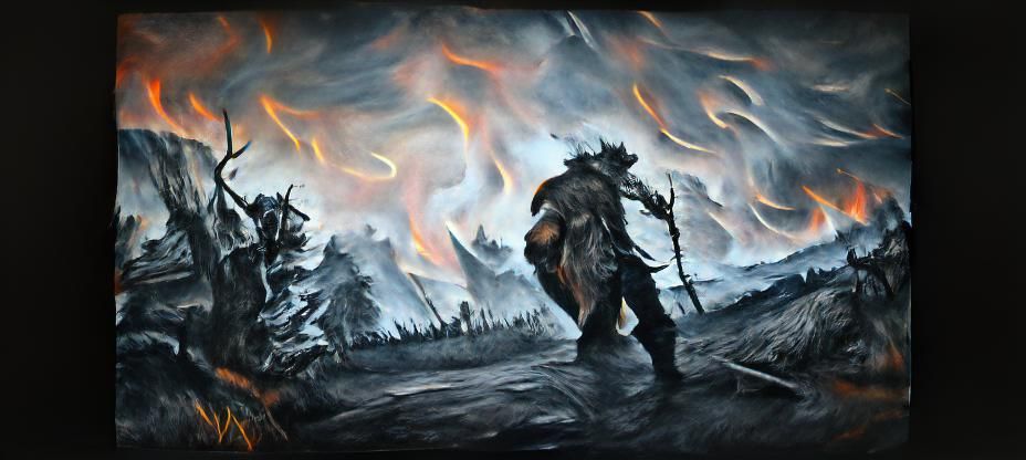 Viking with axe walks through fire storm burnt ash landscape...