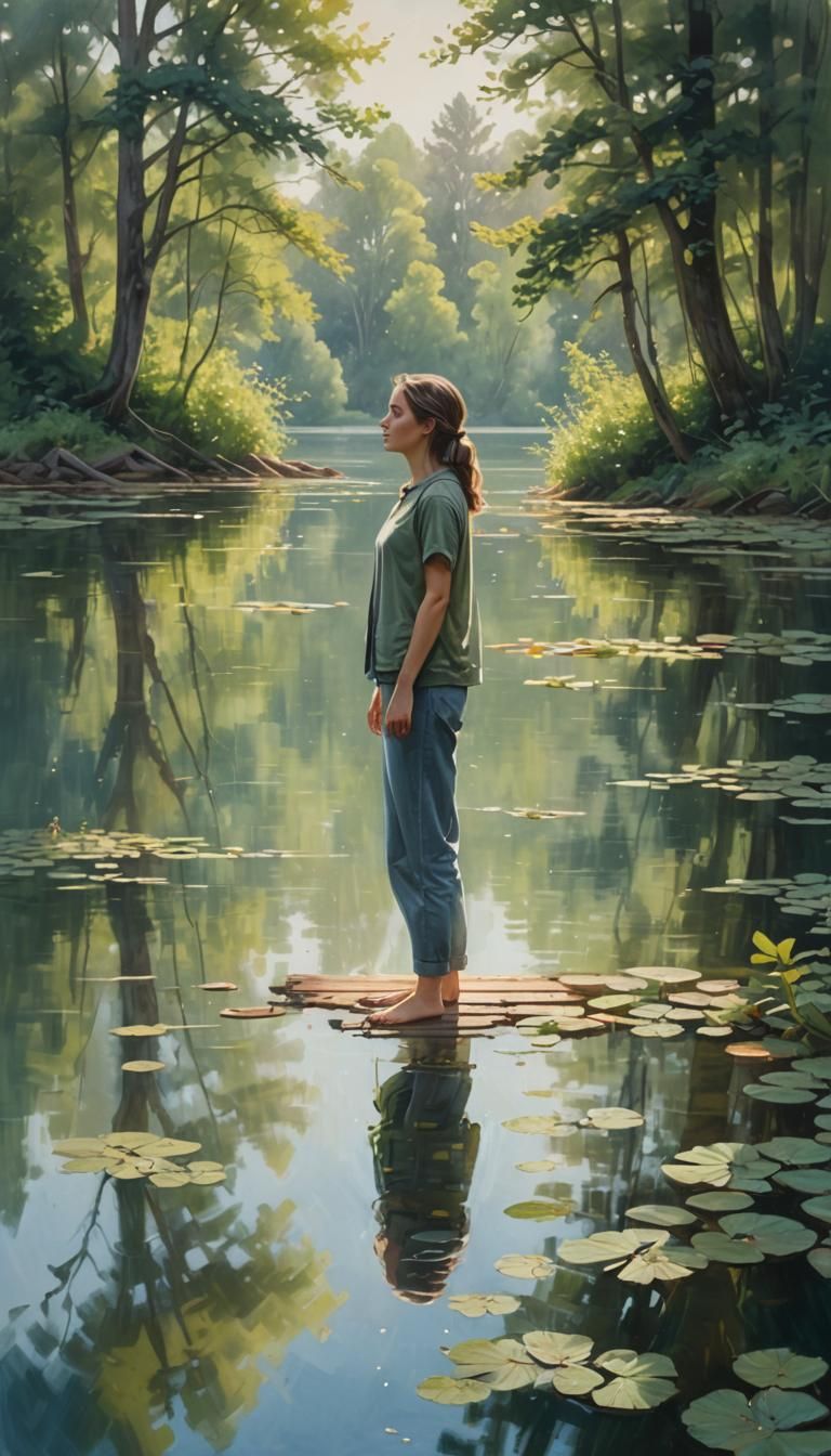 A serene outdoor setting with a person practicing deep breat...