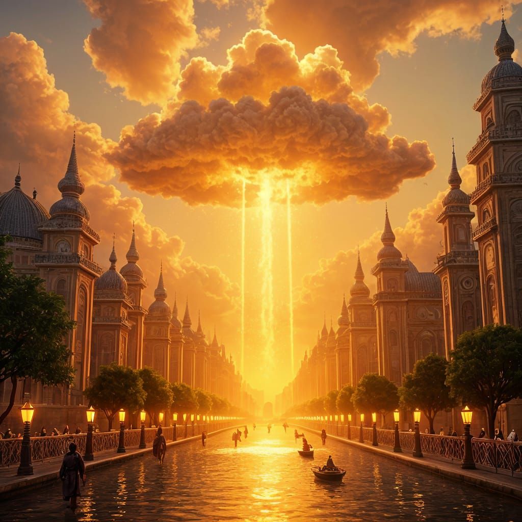 Golden Cloud Rains Gold on City, Digital Art