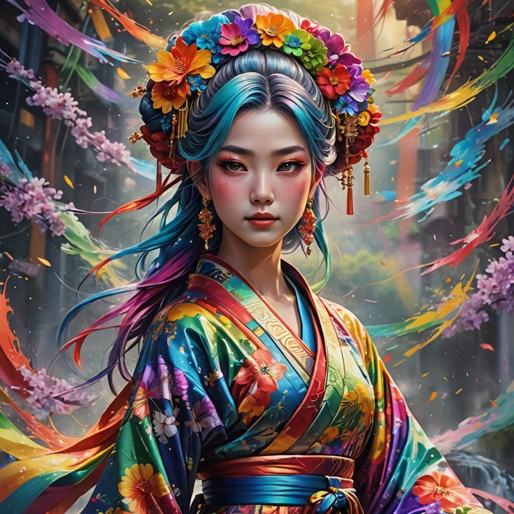 A rainbow goddess in colorful kimono   by @Seapuppie
