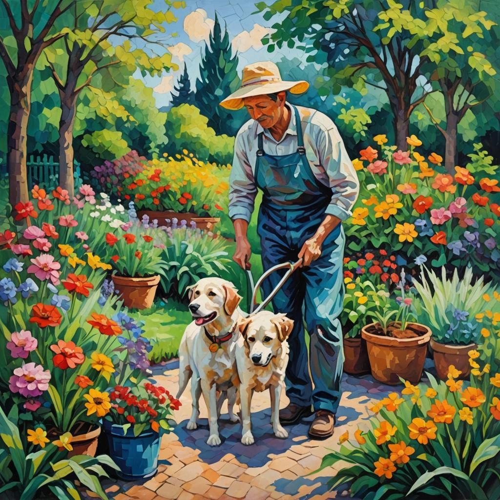 Husband and wife gardening with their dog