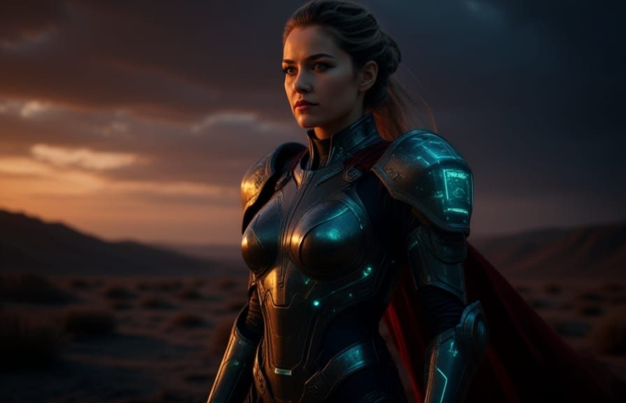 A lone warrior queen, clad in futuristic, very form-fitting armor that gleams with holographic displays, surveys a desolate, windswept plain...