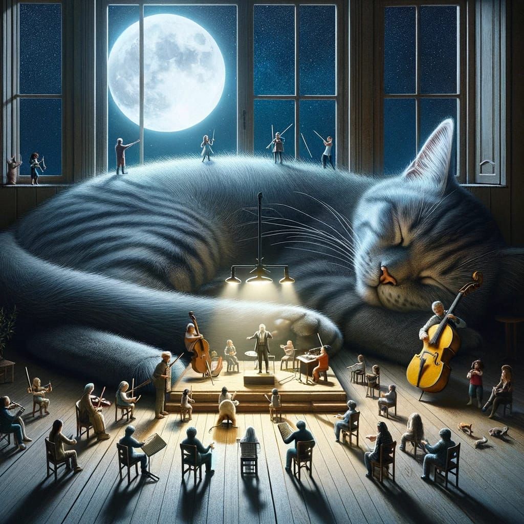 Visualize an imaginative scene where tiny people are conducting a moonlight concert atop a giant sleeping cat.