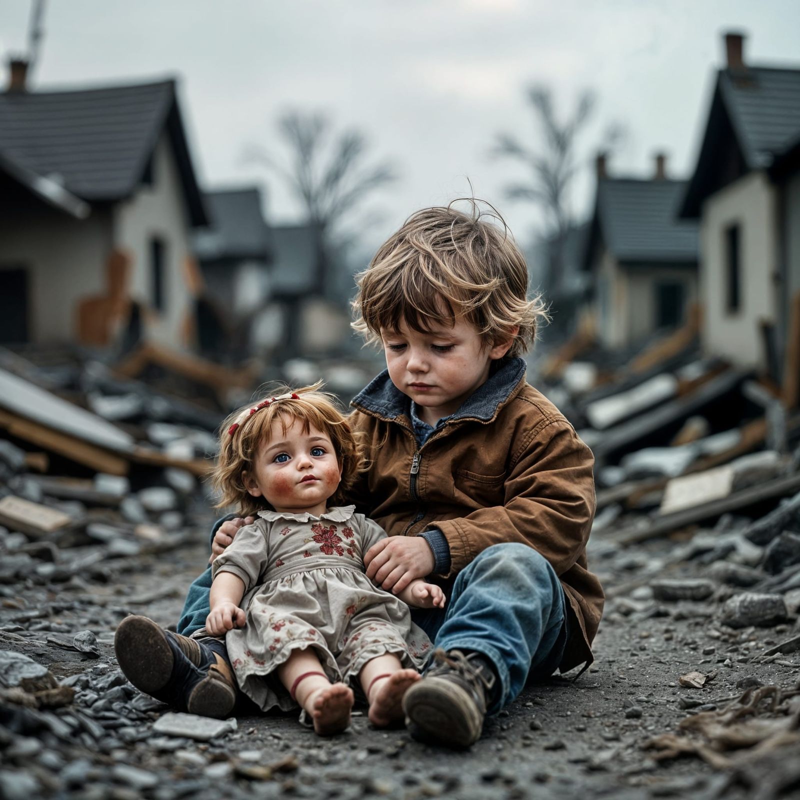 Child Holds Doll Amidst Village Ruins