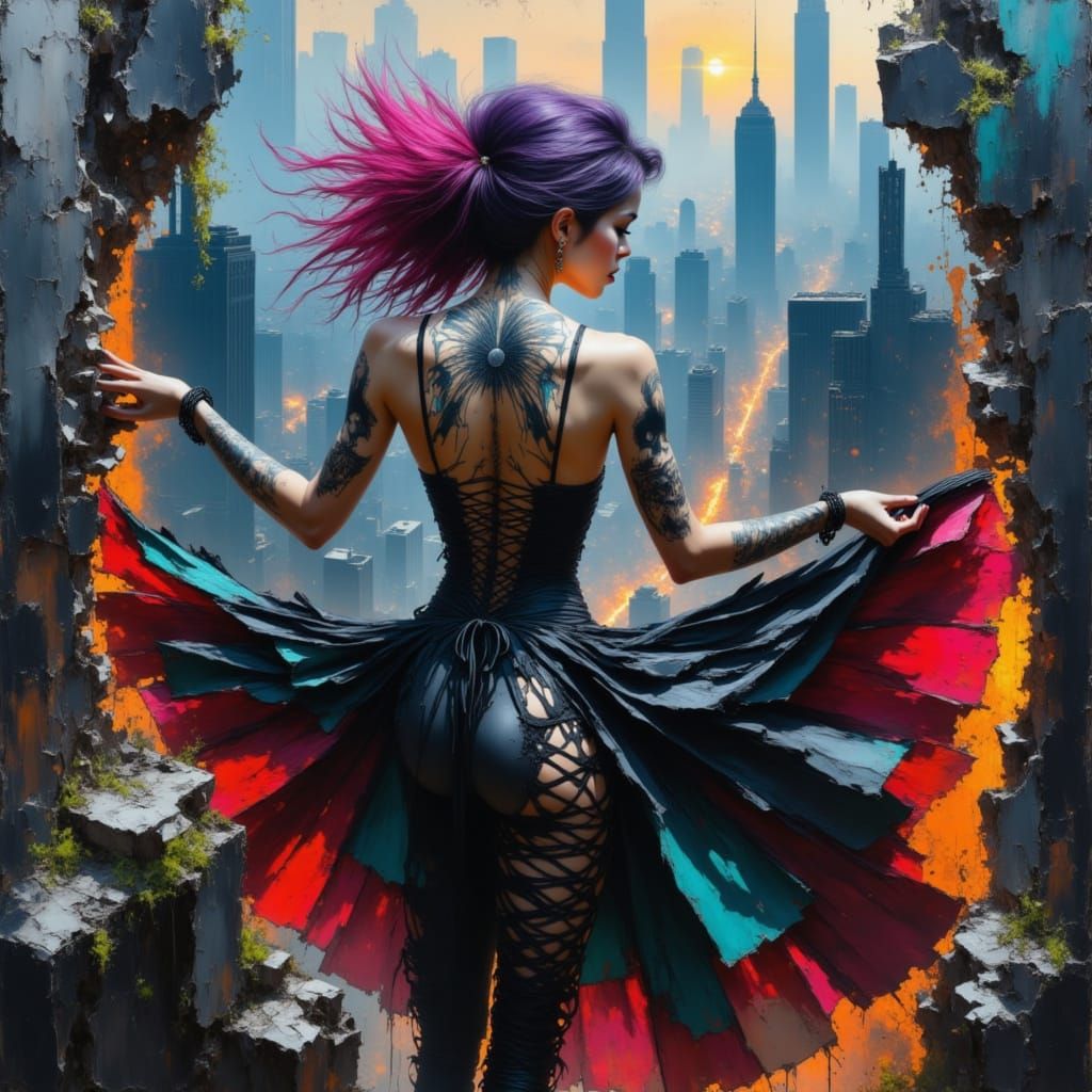 Surrealism portrait in the style of <lora:TexturedLinesV2:1.0>, Imagine a punk rock graffiti artist with vibrant, multicolored hair, perched...