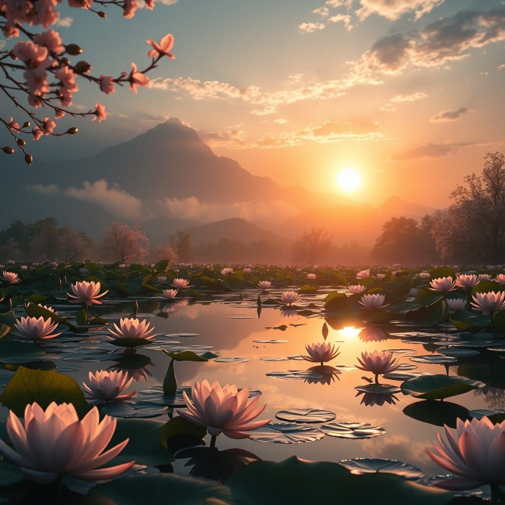 Serene Lotus Pond at Sunset in a Fantastical Landscape