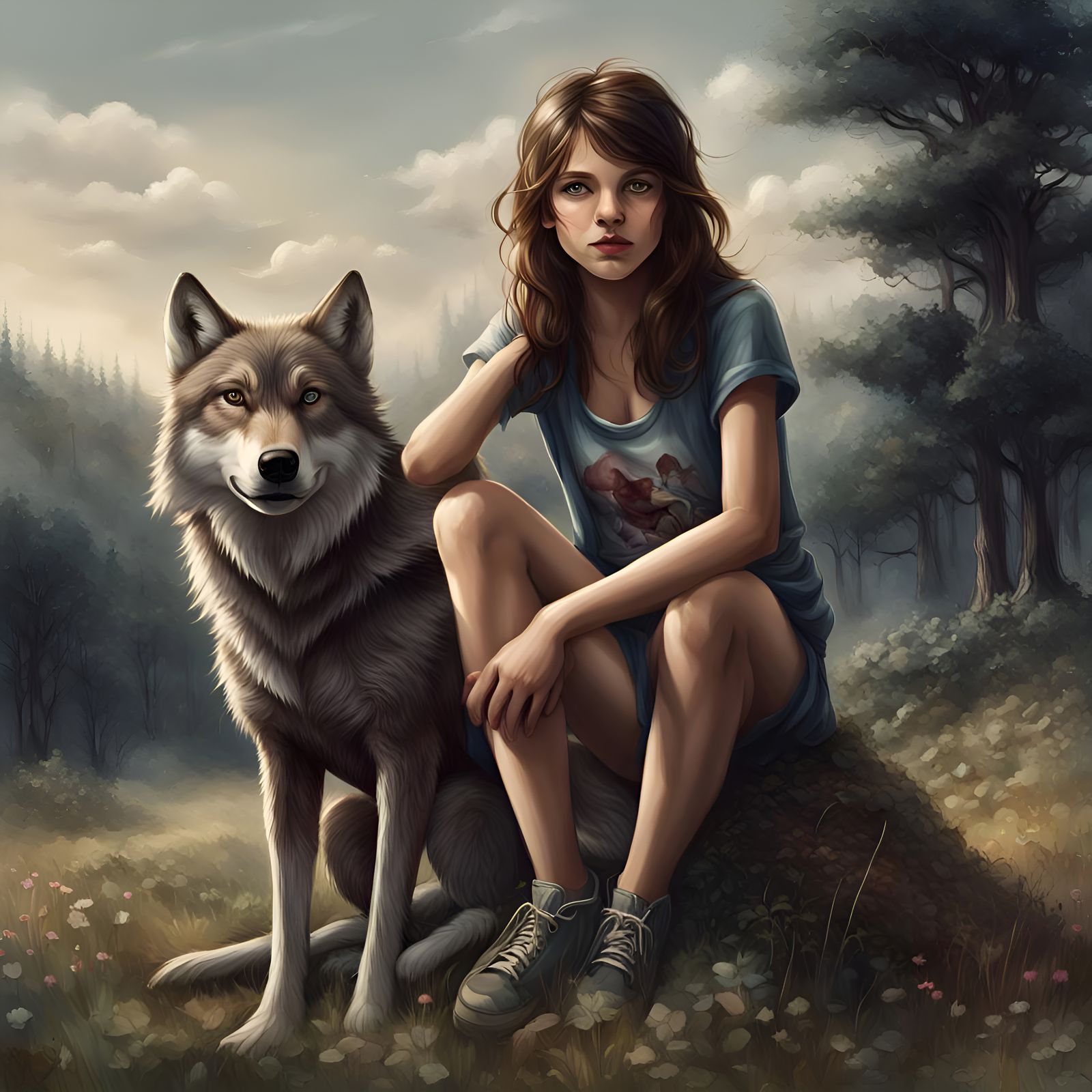 Girl and Wolf in Meadow, Fantasy Concept Art