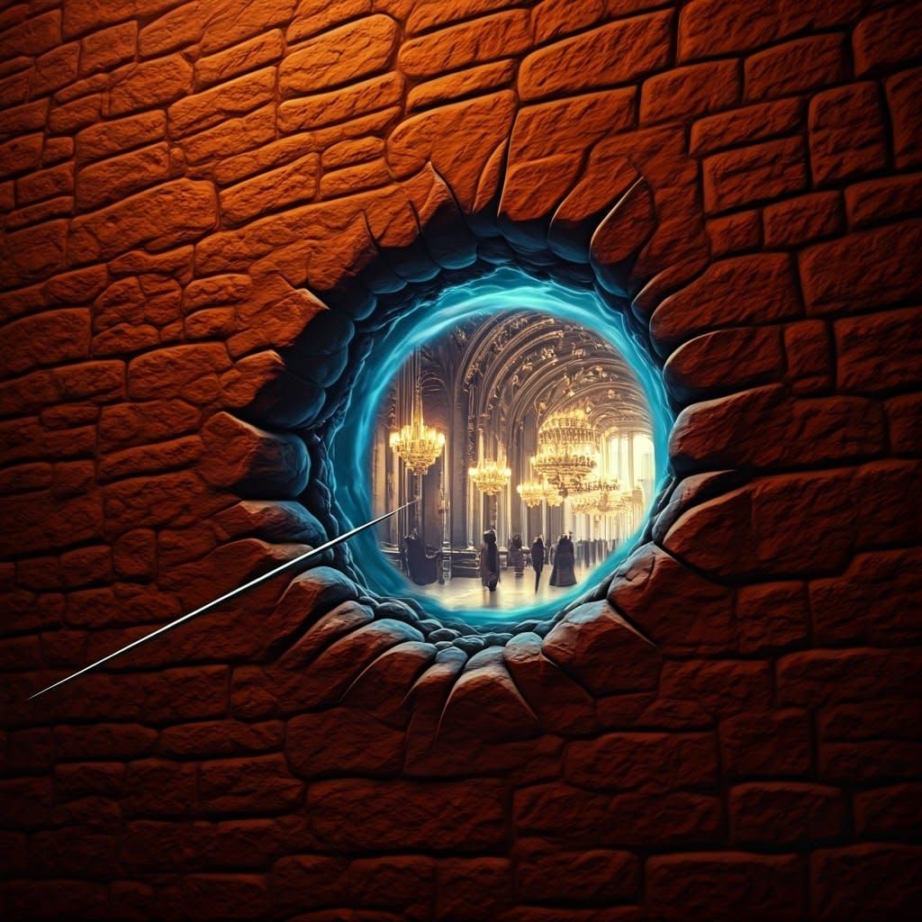 Needle Creates Portal to Ornate Hall in Dreamlike Style