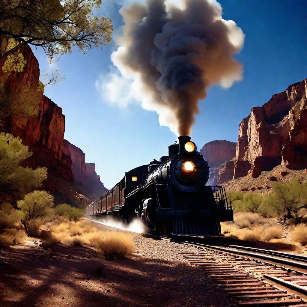 A steam train of the old west  steams through the Grand Cany...