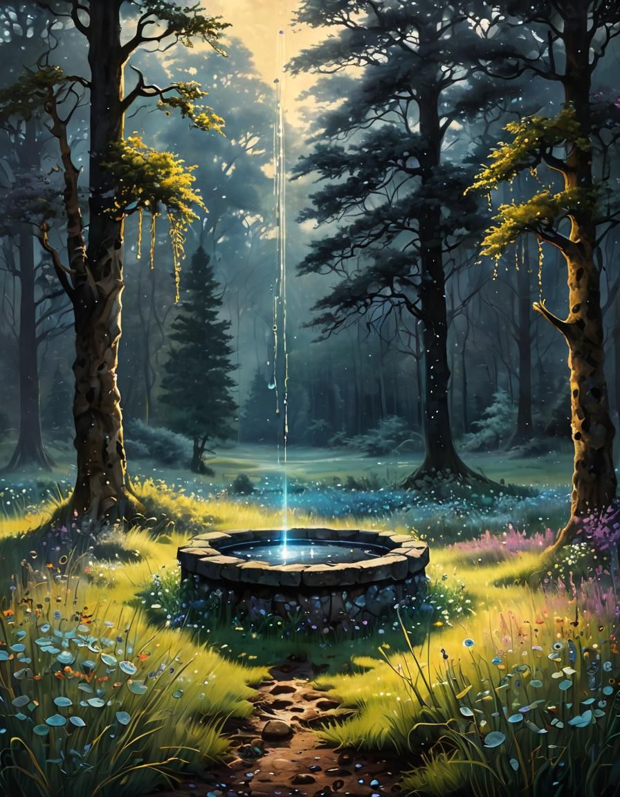 (with shimmering, iridescent light from scattered, crystal-like dew drops catching the light:1.5) Moody Oil Painting, A lone, ancient well i...