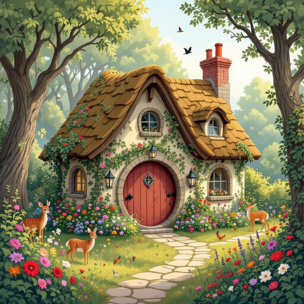 A cute little cottage with a circular door in the middle of a lush forest with lots of flowers and ivy and deer and birds. 
