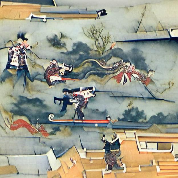 Two Assassins Duel With Pistols On A Roof Traditional Japane...