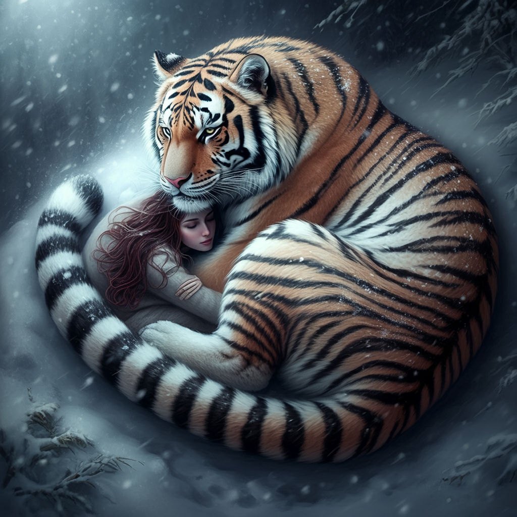 Girl cuddled up with a tiger.