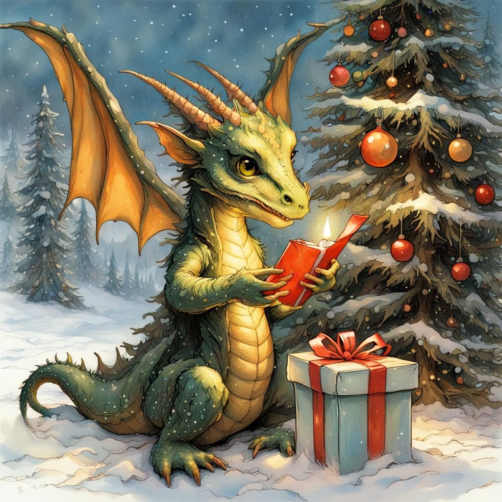 a cute baby dragon hold a gift, stand before a christmas tre...