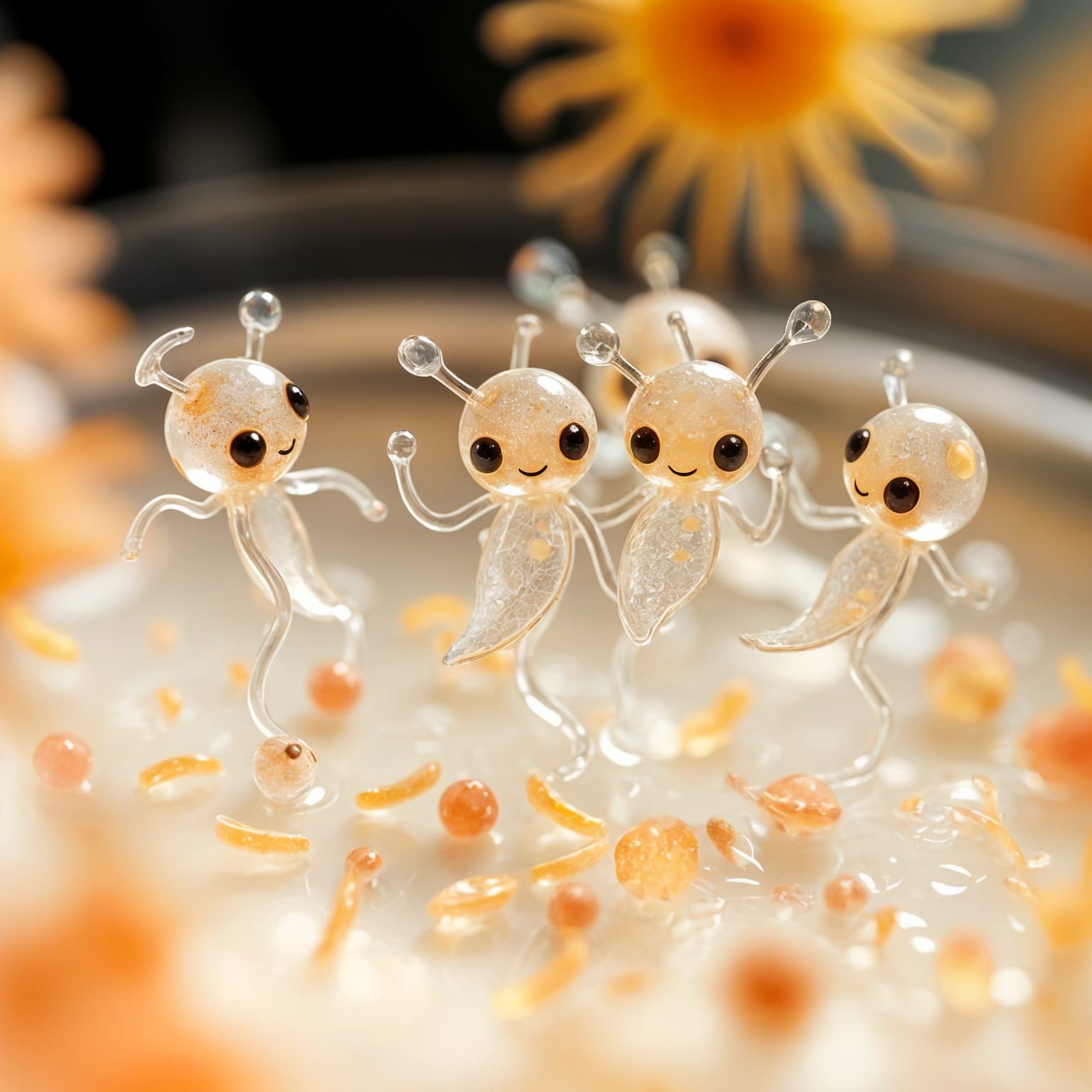 Photorealism,surrealism a group of cute semi-transparent creatures looks like microbes and bacillus dansing ...  by @Muse
