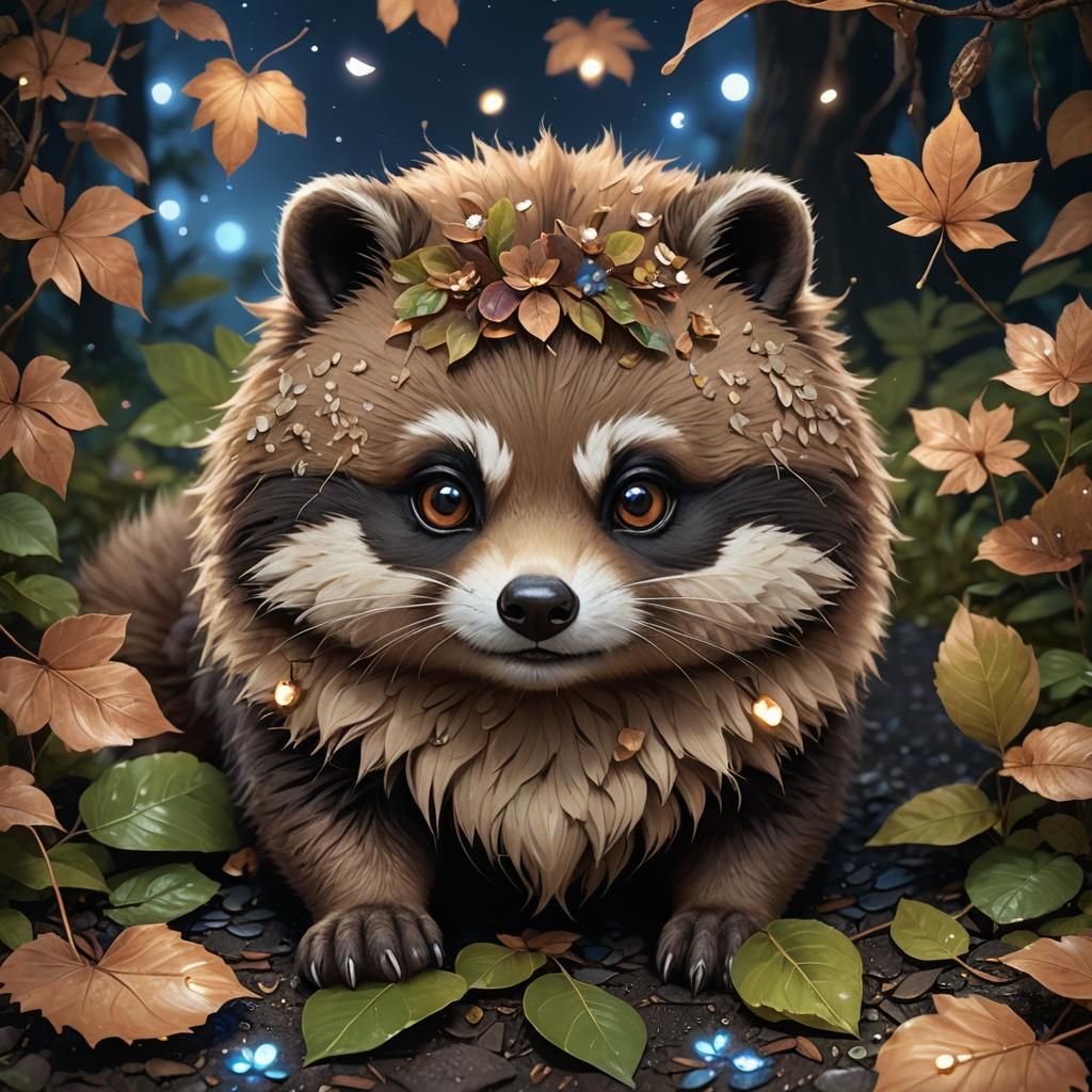 A hyper-realistic digital artwork of an adorable cute tanuki lying on ...