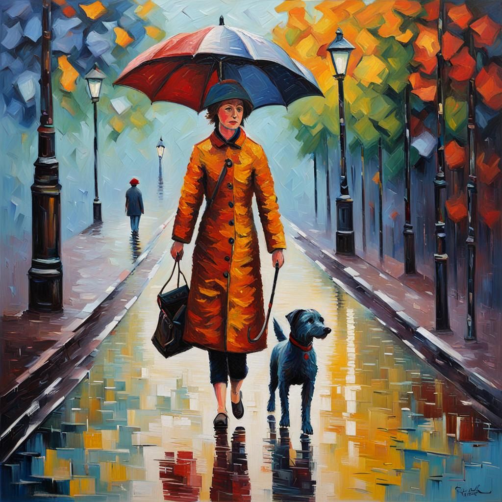 Une femme sous la pluie avec un parapluie et son chien neo-i...